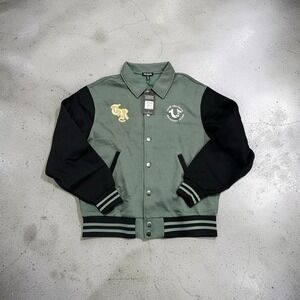 True Religion Collared Patch Fleece Varsity Jacket Bottle Green/Black Men Large